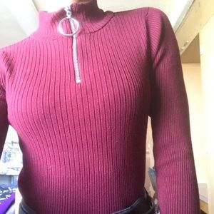 Maroon high neck ribbed long sleeve